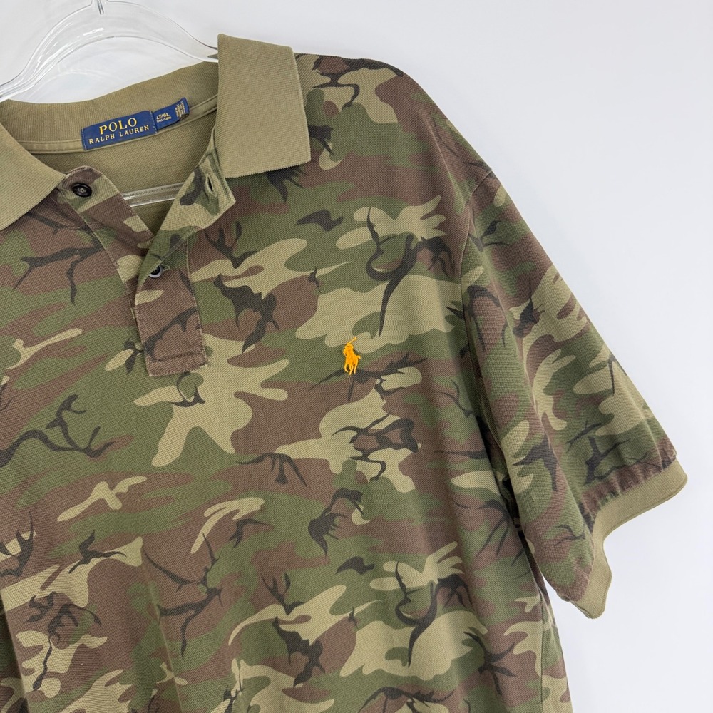 Polo Ralph Lauren Polo Shirt Mens LT L Tall Green Camo Orange Pony Logo